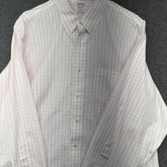 Brooks Brothers Madison cotton pink white checks button down Size XL 17.5-35 - Picture 2 of 7